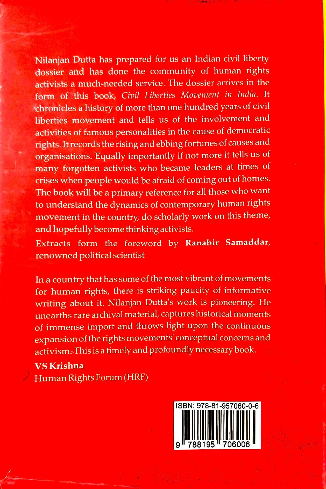 CIVIL LIBERTIES MOVEMENT IN INDIA FROM COLONIAL TIME TO PRESENT - Back Cover